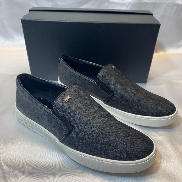 Michael Kors Black MK Logo Slip On Loafer Sneaker Gold Hardware Keaton,9M,NEW - Picture 1 of 9